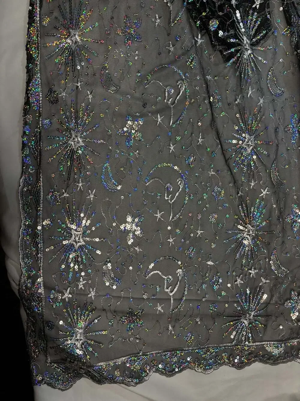 Celestial Star and Moon Pattern Sheer Black Sequin Embroidered Festival Shawl